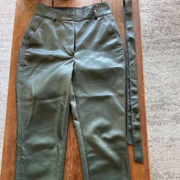 Aritzia Babaton Belted Tie Front Vegan Leather Pants Green Size 6 - Picture 2 of 4